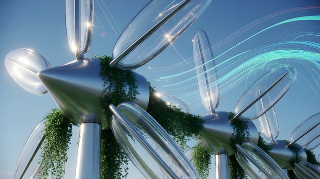 Row of futuristic wind turbines with organic growth and blue energy streams