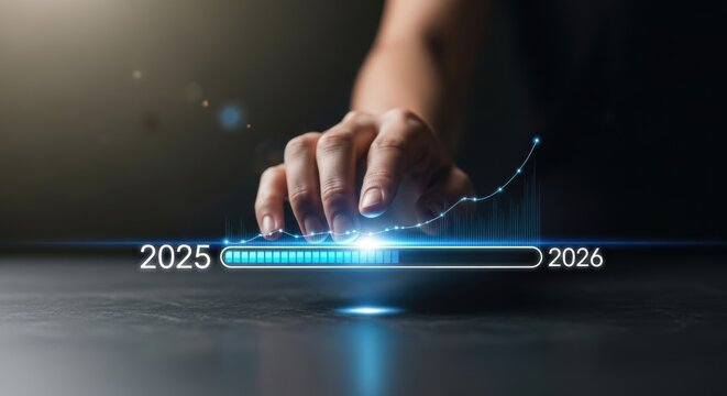 Hand interacting with progress bar showing 2025 and 2026