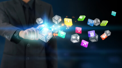 Businessman touching icons social media