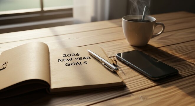 Notebook with 2026 goals pen coffee and smartphone - Powered by Adobe