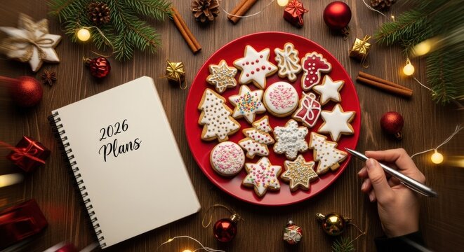 Notebook with 2026 plans and holiday cookies