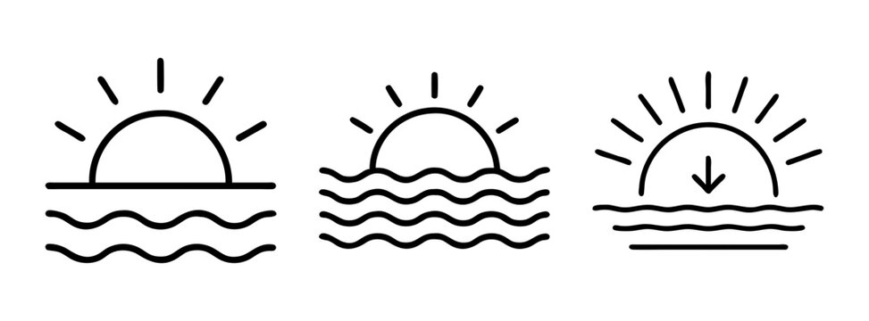 Sunset sunrise vector illustration with ocean waves and sun rays simple line art graphic design
