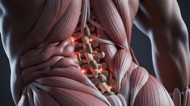 Detailed 3D Animation of Human Back Muscles and Spine with Highlighted Pain Points.