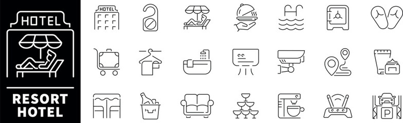 Resort hotel elements collection. Resort hotel vector icons in line style. Thin line icons related to resort and hotel