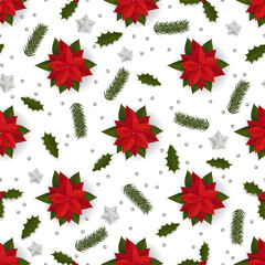 Seamless pattern with poinsettia and beads, stars, spruce branches.