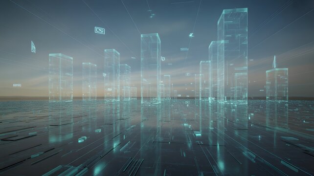 Transparent Digital Cityscape with Glowing Blue Structures and Data Elements - Powered by Adobe