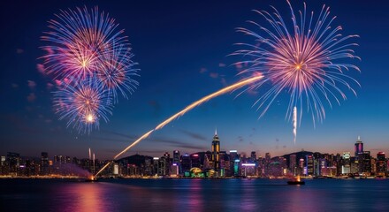 Hong Kong skyline fireworks display over water