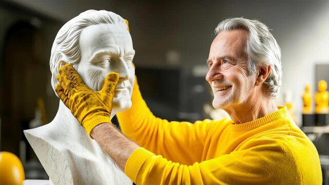 Smiling sculptor senior man marble bust studio workshop yellow sweater artisan gloves creative craft portrait sculpture chisel detail soft light