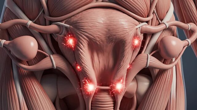 Detailed 3D rendering of the female reproductive system with highlighted areas indicating pain or inflammation.