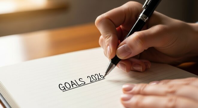 Person writing goals 2026 in notebook