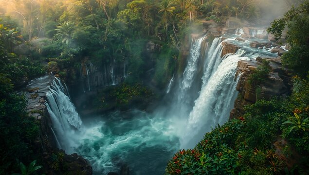 Majestic twin waterfalls cascading through lush tropical rainforest