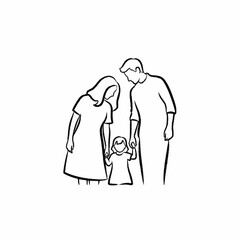 Minimalist line art illustration of a family standing together.