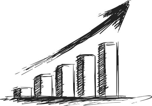 Growth chart, hand drawn sketch with ascending bar graph and upward arrow. Vector illustration