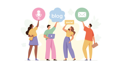 Fototapeta premium A vibrant vector illustration depicting a diverse group of four figures engaged in a shared activity with one individual holding a bright pink object suitable for various design projects