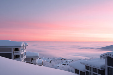 luxury ski resort, sunrise above luxury ski village roofs, gentle pastel snow shades, high-end travel vibe