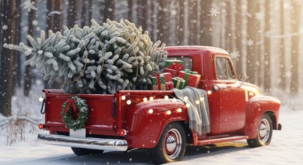 Red pickup truck with Christmas tree and gifts