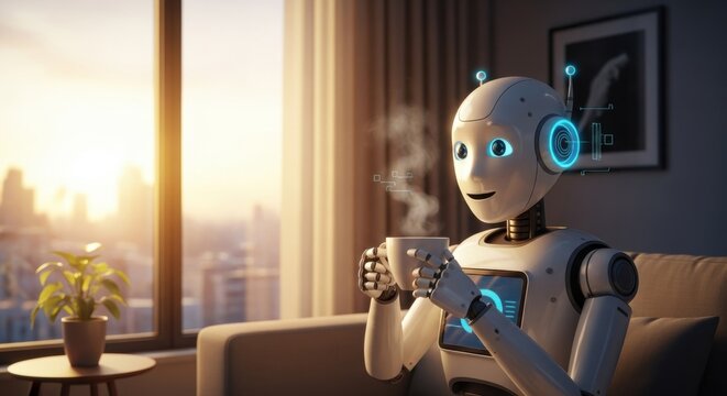 Robot enjoying coffee with city view - Powered by Adobe