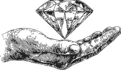 Hand holding diamond sketch, hand drawn style, detailed gemstone above open palm. Vector illustration
