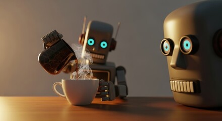 Robots pouring coffee into a cup
