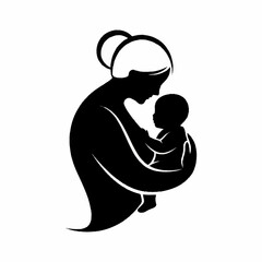 Mother holding baby silhouette showing love and care in black and white.