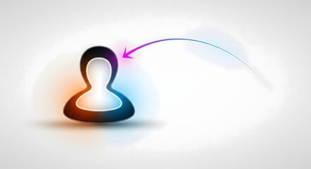Abstract glossy user profile icon with colorful directional arrow on a bright white background, symbolizing connection, focus, or identity.
