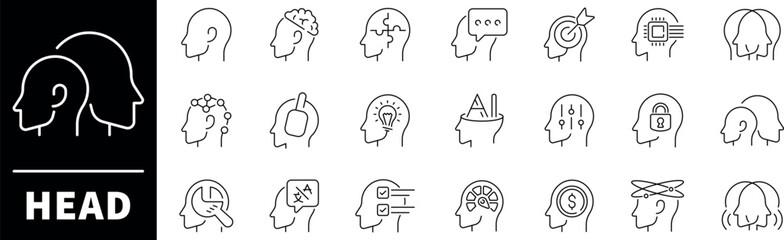Head vector icons collection. Thin line icons related to human and head. Head vector icons in line style
