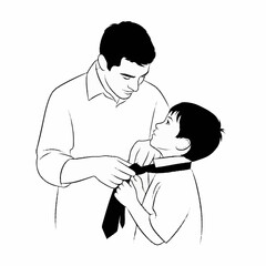 Father teaching son how to tie a necktie.