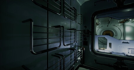 Inside a space station module, metallic storage racks line the walls. A large viewing port reveals a hint of the outer space environment. Dim lighting enhances the futuristic atmosphere. © icetray