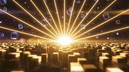 Radiant cityscape amid floating geometric shapes and beams - Powered by Adobe