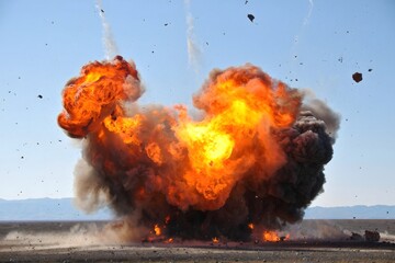 Massive Explosion in Desert Landscape - Fire, Smoke, and Debris