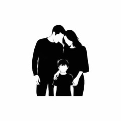 Minimalist black and white illustration of a loving family unit.