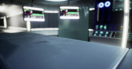 A sterile medical facility equipped with futuristic technology showcases advanced medical equipment and a sleek operating table. The space emphasizes clean lines and high tech displays.