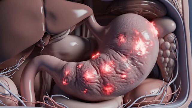 Detailed 3D Animation of Stomach Inflammation and Gastric Ulcers in Human Digestive System.