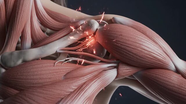 Detailed 3D animation of human shoulder anatomy with highlighted pain points showcasing muscles bones and joints in motion.