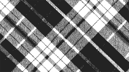 Black and white plaid pattern, sketch hand drawn, diagonal crisscross lines and textured checks. Vector illustration