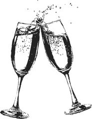 Fototapeta premium Champagne glasses sketch hand drawn clinking with bubbles splash. Vector illustration