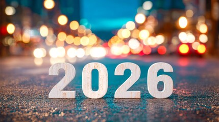 Fototapeta premium Happy new year 2026, new year's eve celebration holiday winter greeting card - Wooden year numbers on street in city