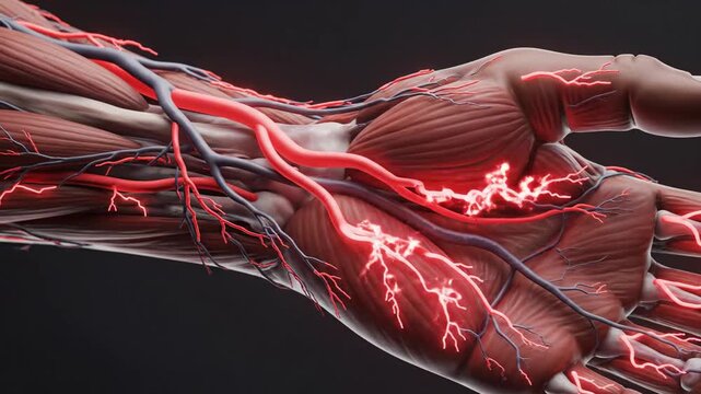 Human Hand Anatomy with Visible Nerves and Blood Vessels Medical Illustration of Carpal Tunnel Syndrome.
