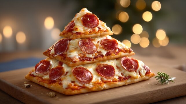 A pizza with three layers of pepperoni on top of a wooden cutting board. The pizza is arranged in a pyramid shape, which gives it a festive and celebratory appearance - Powered by Adobe