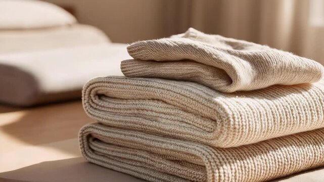 Stack of cream-colored knit blankets folded on a bed in a sunlit bedroom.