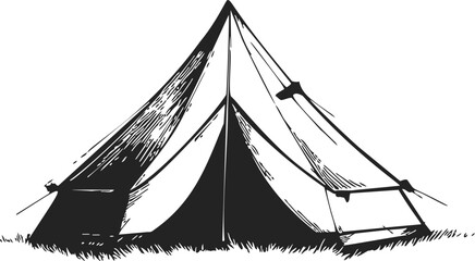 Tent sketch hand drawn classic camping shelter with ropes and grass. Vector illustration
