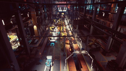A busy factory features a machine building conveyor system, showcasing automated assembly lines and robotic arms working on various components during peak operational hours.