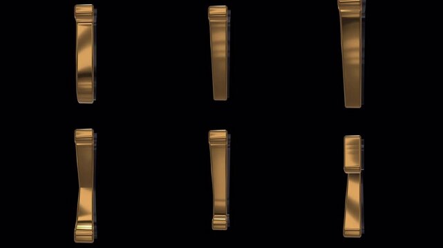 Set of 3D Animated Black and Gold Capital Letters on Black Background (U,V,W,X,Y,Z)