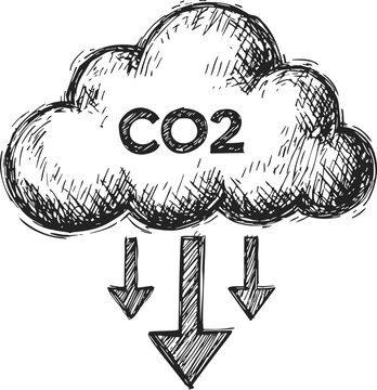 CO2 cloud sketch with downward arrows, hand drawn style, symbolizing carbon emissions. Vector illustration