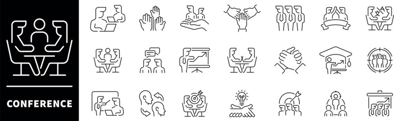 Conference vector icons. Thin line icons related to conference and meeting. Conference vector icons in line style