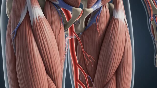 Detailed 3D animation of human leg muscles bones and circulatory system showcasing anatomical structure and blood flow in the thigh region.