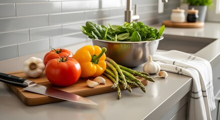 Fresh vegetables and greens on a kitchen countertop scene
