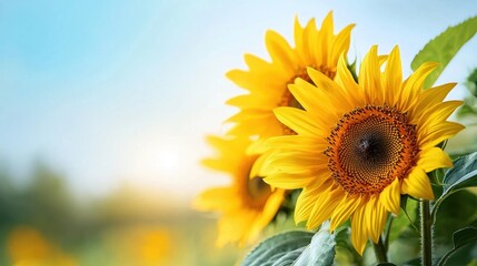 Obraz premium Vibrant Close-up of Sunflowers Blooming Under a Bright Blue Sky