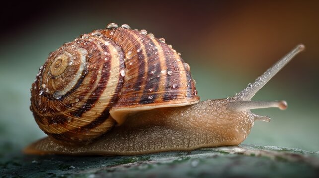 Close-up of a snail with a beautifully patterned shell, glistening with dew, resting on a green leaf, showcasing the intricate details of nature's design and texture