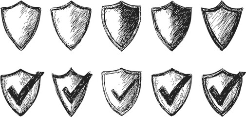 Shield icons sketch hand drawn set with and without check marks. Vector illustration